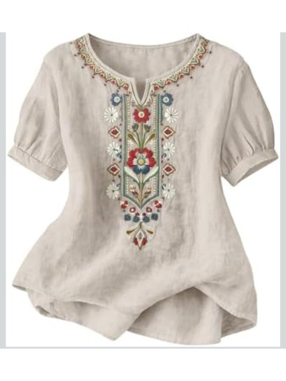 Boho Cotton Linen Muslin Blouse V-neck Embroidered Short Sleeve Size XL